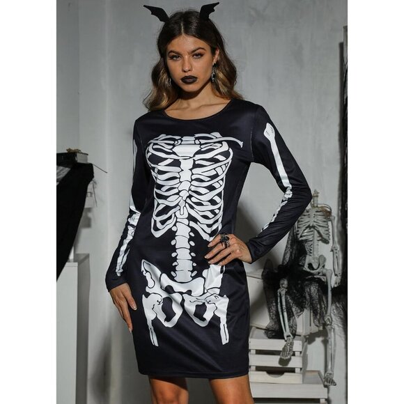 Women's Halloween Costume Skeleton Funny Long Sleeve Midi Skeleton Dresses - Picture 2 of 8